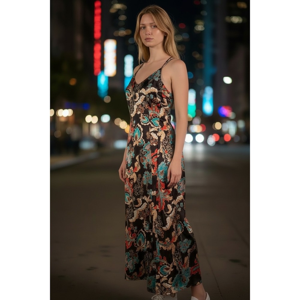 Tahari ASL Maxi satin Dress sz L Chocolate Multi Floral Racerback boho cocktail
